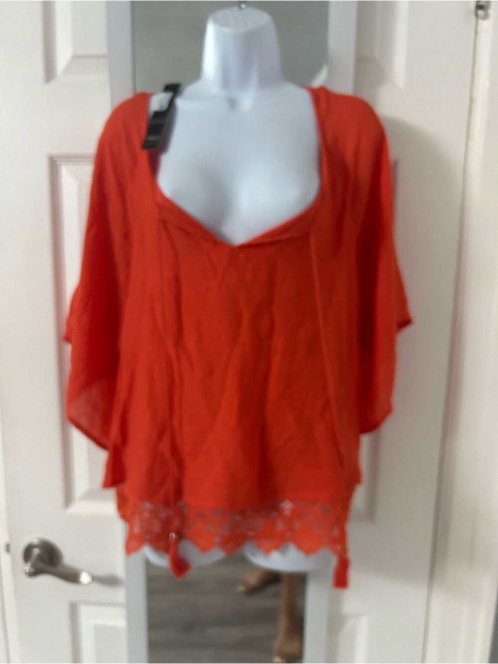 Unique Spectrum Bright Orange Lace-Hem V-Neck Blouse